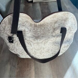 Elegant Cream Italian Beige Floral Patterned Women's Bag With Brown Straps